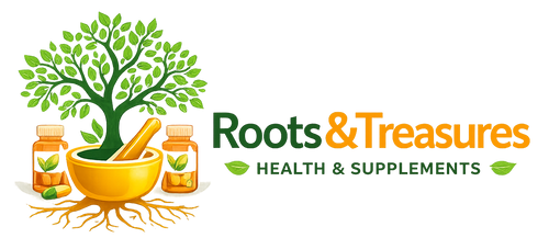 Logo for Roots & Treasures Health & Supplements featuring a tree, mortar, pestle, and bottles on a white background.